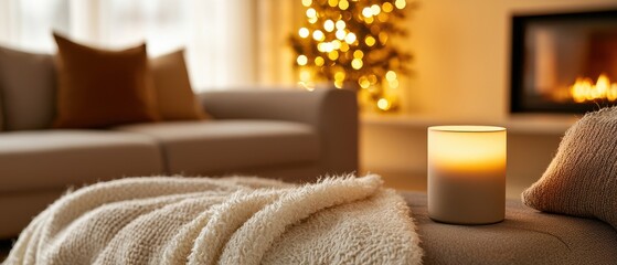 Cozy living room with a candle, blanket, and a decorated Christmas tree glowing in the background.