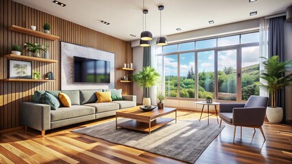 Fototapeta premium Modern Living Room Interior Design: Wooden Floor, Comfortable Sofa, Dining Table & Window View