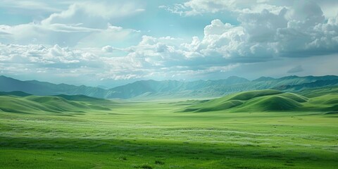 Fototapeta premium green field sky blue clouds
