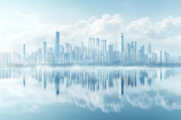 Obraz premium A serene city skyline reflected in calm waters, surrounded by soft clouds and mist.