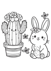 coloring book cute rabbit and cactus pose