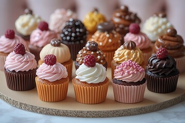 A delicious assortment of colorful frosted cupcakes with raspberries