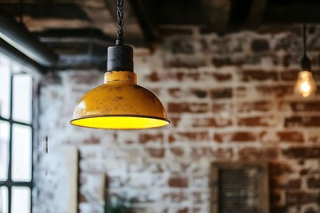 Obraz premium Vintage Yellow Pendant Lamp Illuminates Brick Wall
