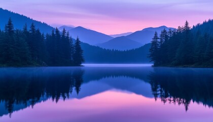 Fototapeta premium Purple Sunset Serenity, Tranquil Lake Reflections, Mountain Forest Silhouette, Nature Photography