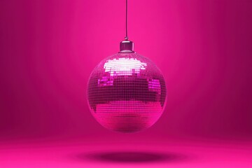 Fototapeta premium Shimmering Pink Disco Ball with Reflection Hanging Against Vibrant Background