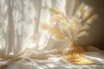 A serene arrangement of dried grasses in a glass vase, softly illuminated by natural light.