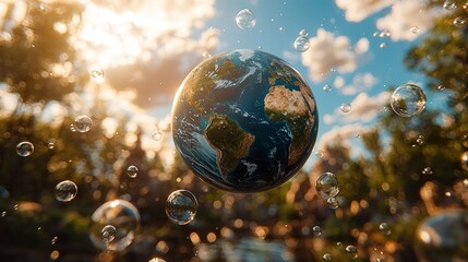 A blue and green earth floating in the air with bubbles around it and a blue sky background  