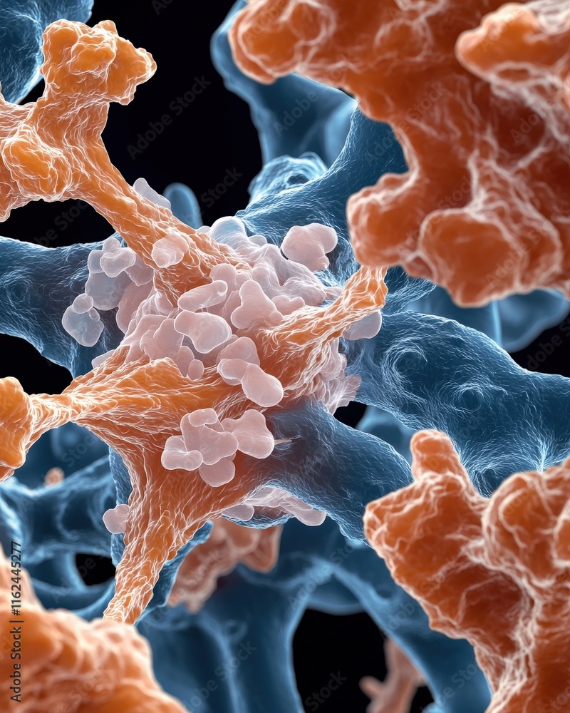 Poster exploring cellular interaction dynamics in microscopy laboratory setting scientific visualization ab