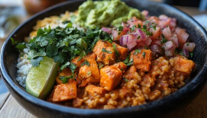Fototapeta premium Colorful Vegan Buddha Bowl with Roasted Sweet Potatoes, Quinoa, and Fresh Toppings, Close Up View.