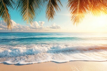 Fototapeta premium Calm Sunset Over Tropical Beach with Waves and Palm Leaves in Clear Sky