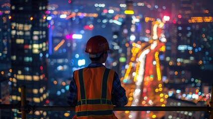 Construction worker wearing hard hat and safety vest standing on scaffolding, representing safety and labor in urban development and building projects.