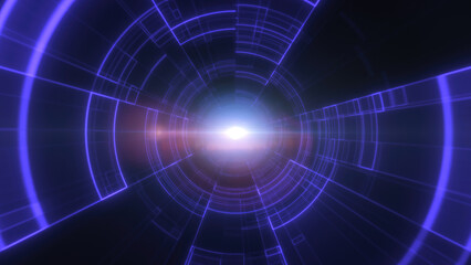 Purple neon tunnel with glowing concentric lines and radiant central light, evoking a sci-fi, immersive atmosphere with a futuristic and digital appeal background