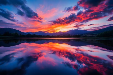 Fiery Sunset Reflects on Calm Lake