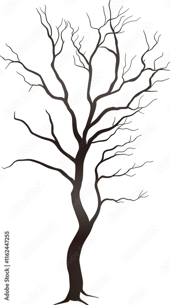 Poster Dark silhouette of a bare tree with intricate branches, isolated on a transparent background, creating a stark and dramatic visual