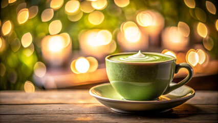 Fototapeta premium vibrant matcha latte in green cup sits on wooden table, surrounded by soft bokeh lights. warm ambiance creates dreamy atmosphere perfect for relaxation
