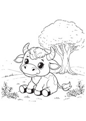 coloring book cute cow play in nature savanna