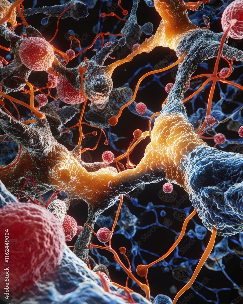 Poster exploring cellular structures under microscope lab environment scientific visualization close-up vie