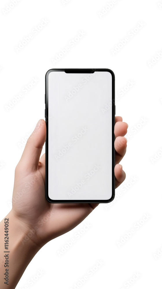 Aufkleber close-up of a hand holding a modern smartphone with a blank white screen, perfect for showcasing mob