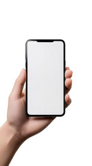 Close-up of a hand holding a modern smartphone with a blank white screen, perfect for showcasing mobile apps or websites, isolated on a transparent background