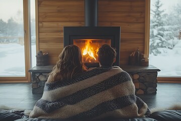 A couple enjoys the warmth of a fireplace in a cozy winter cabin.