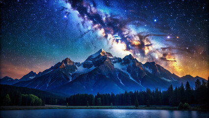 breathtaking mountain peak under starry sky, showcasing Milky Way and vibrant colors of summer. serene lake reflects stunning landscape, creating magical atmosphere