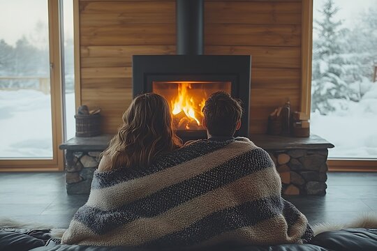 A couple enjoys the warmth of a fireplace in a cozy winter cabin.