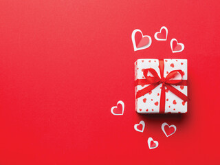 valentine day composition red gift box on red background