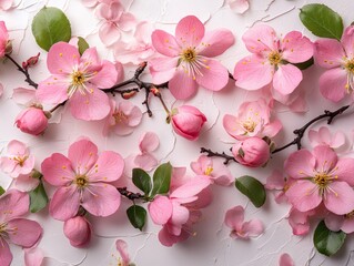 Obraz premium A beautiful arrangement of pink cherry blossoms on a textured background.