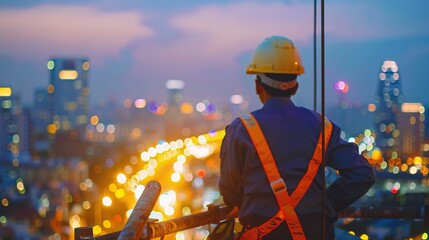 Construction worker wearing hard hat and safety vest standing on scaffolding, representing safety and labor in urban development and building projects.