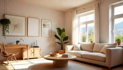 Fototapeta premium A cozy and bright living room with a large window, a beige sofa, a wooden coffee table, and a potted plant