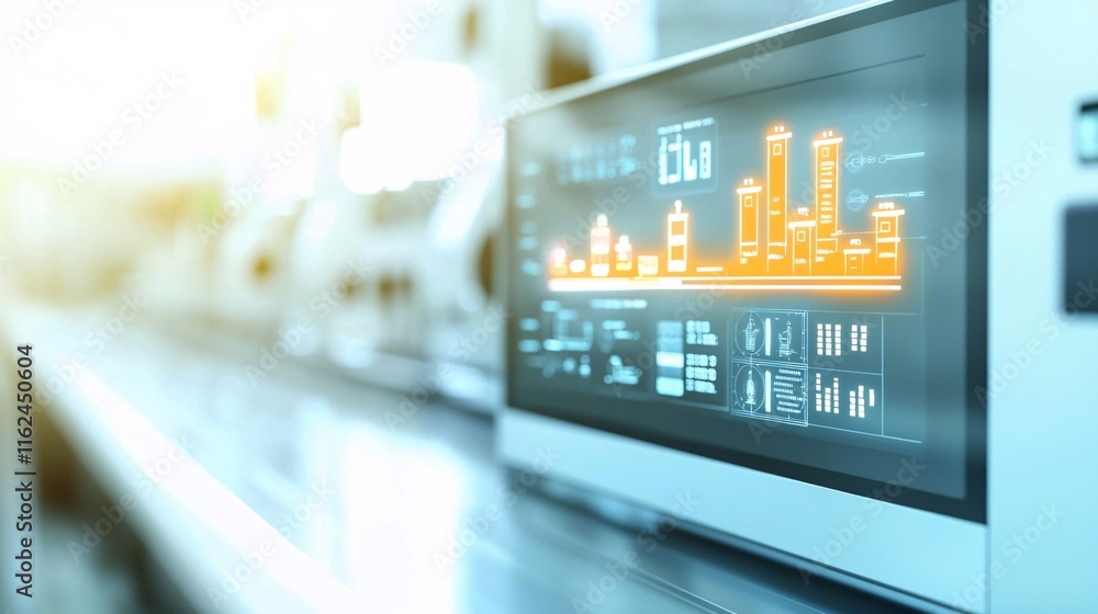 Poster robotics and industrial automation and manufacturi concept. advanced industrial monitor with data vi