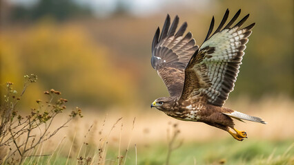 Fototapeta premium Majestic buzzard soaring over autumn fields in natural habitat.