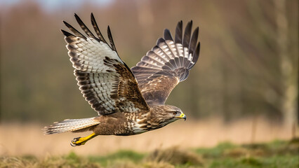 Majestic buzzard in flight over natural grassland habitat.