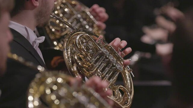 A French horn section performing during a classical symphony orchestra concert. Nr.4