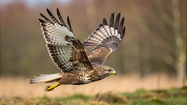 Majestic buzzard in flight over natural grassland habitat.