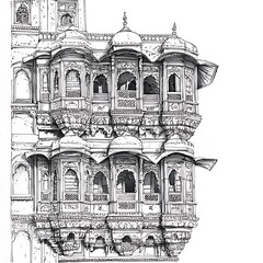 Intricate Line Drawing of Ornate Balconies and Domes on an Ancient Indian Building.