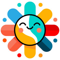 vibrant and cheerful stock illustration of a sun mascot with a stylized, modern design. The sun's face is depicted as a smiling yin-yang symbol, with soft blushes on its cheeks and playful expression