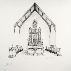 Architectural Sketch of a Church Chancel with Altar, Stained Glass Window, and Pews.