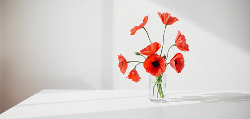 A bouquet of vibrant red poppies stands in a clear glass vase on a sleek white table. Soft sunlight casts gentle shadows, enhancing the fresh and airy feel of the space