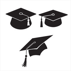set of vector graduation hat with diploma, Education cap, Graduation student black cap with academic degree certificate silhouettes
