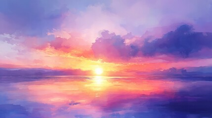 Abstract Watercolor Background on Paper with a Colorful Sunset and Bright Sky