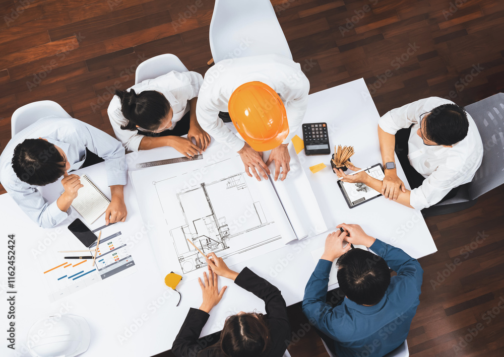 Poster Top view banner of diverse group of civil engineer and client working together on architectural project, reviewing construction plan and building blueprint at meeting table. Prudent