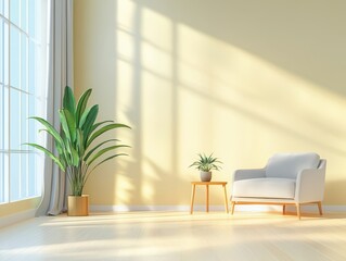 Bright, minimalist living room with plants and natural light streaming through large windows.