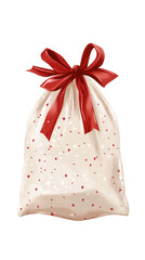 Christmas-themed white gift bag with red ribbon and small stars, perfect for festive designs, isolated on transparent background