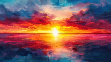 Obraz premium Abstract Watercolor Background on Paper with a Colorful Sunset and Bright Sky