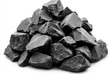 A pile of dark, jagged rocks arranged haphazardly on a white background.