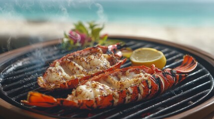 Coastal cuisine, split lobster on grill, beachfront cooking, butter basted seafood, spiced shellfish, charcoal smoke wisps, turquoise sea backdrop, soft clouds, culinary detail shot, natural lighting