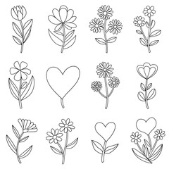 illustration flower coloring page and Heart-Coloring-Pages for adults and kids white background