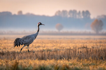Obraz premium Majestic crane strolling through serene autumn meadow at sunrise.