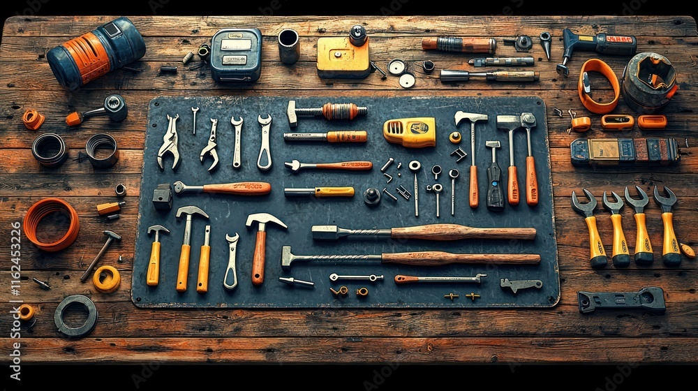 Poster array of tools organized on a wooden surface.